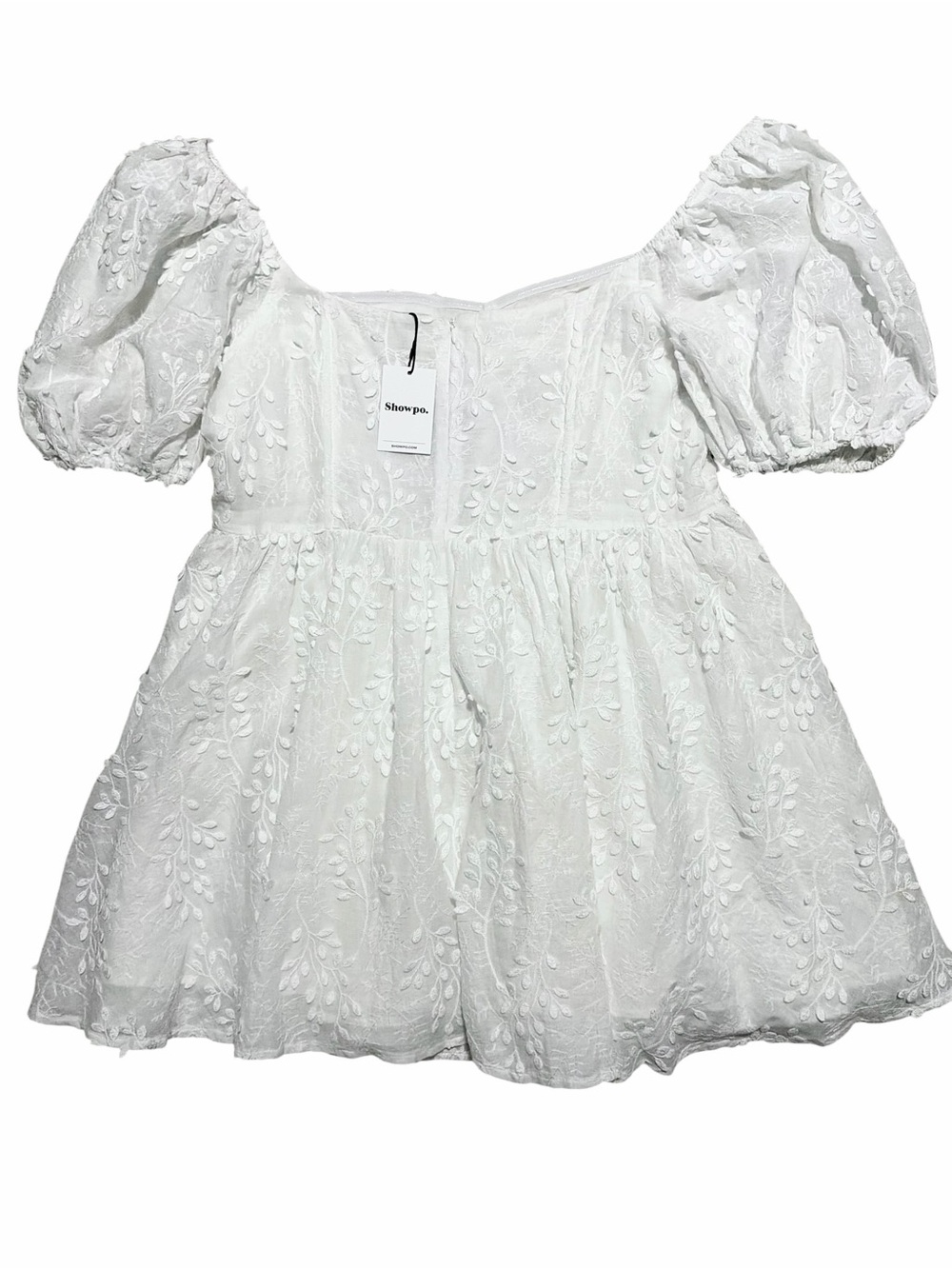 SHOWPO. NWT White Embroidered Puff Sleeve Corset Esthela Mini Dress - Picture 7 of 14